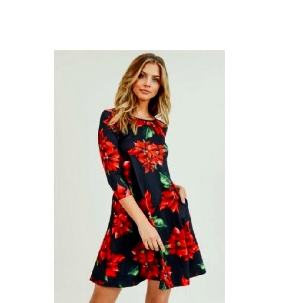 COPY - Black / Poinsettia 3/4 Sleeve Christmas Dr…